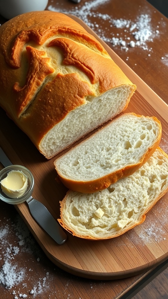 Freshly baked homemade bread on a cutting board with butter and a knife.